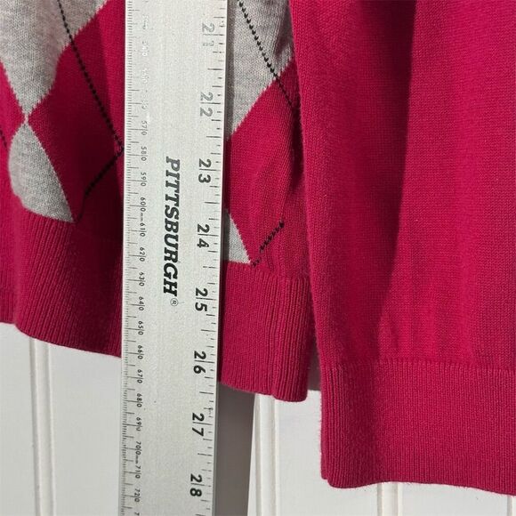 Tommy Hilfiger Women’s XXL Sweater Hot Pink Gray Argyle V-Neck 100% Pima Cotton - Picture 6 of 9